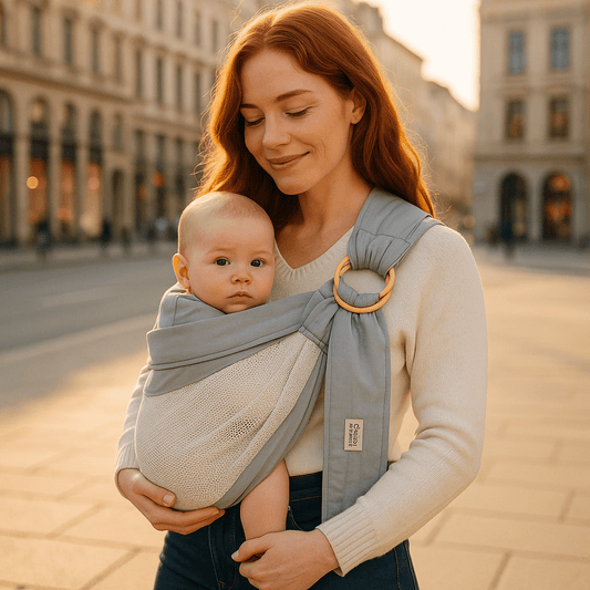 sling bebe été gris illustrant maman promenant bébé