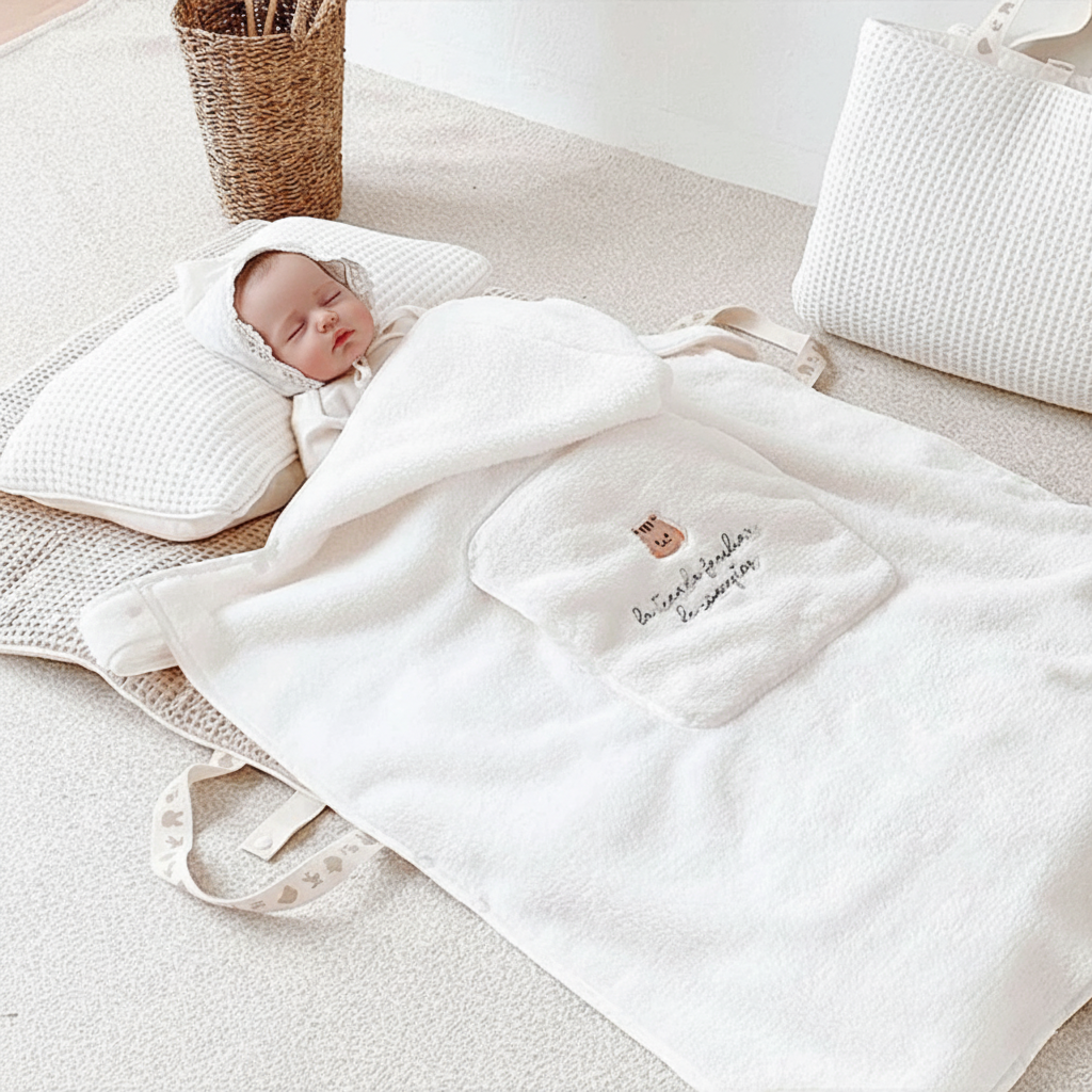 Couverture de portage FleeceFabric™ blanche 3 en 1 recouvrant bébé