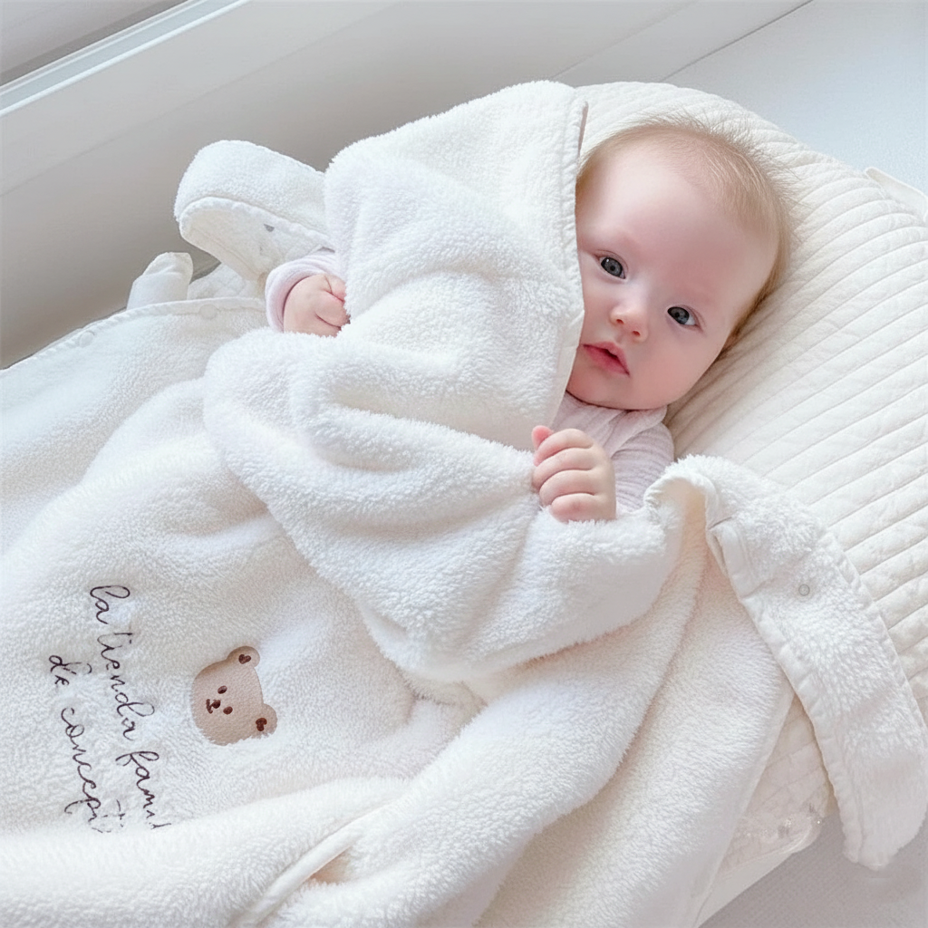 Couverture de portage FleeceFabric™ blanche réconfortant bébé