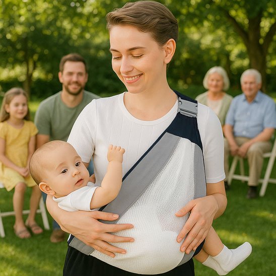 écharpe de portage ergonomique illustrant bébé porté par maman