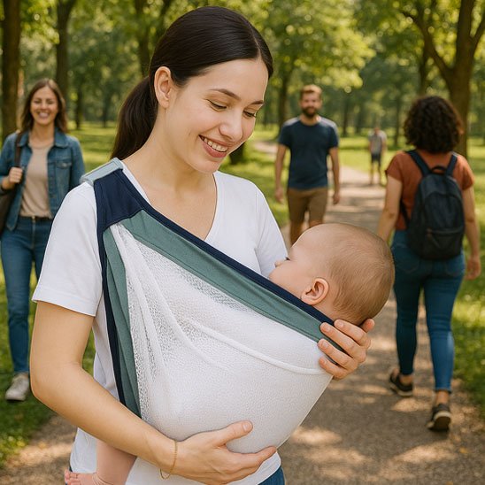 écharpe de portage ergonomique illustrant maman promenant bébé au parc