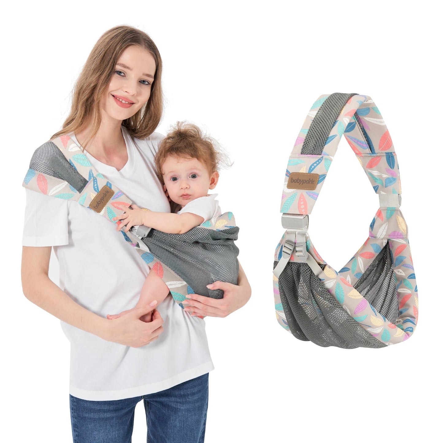 echarpe de portage motif feuilles couleur bleue