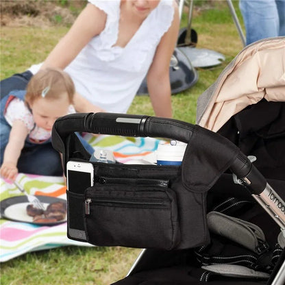 organisateur de poussette noir attaché sur poussette