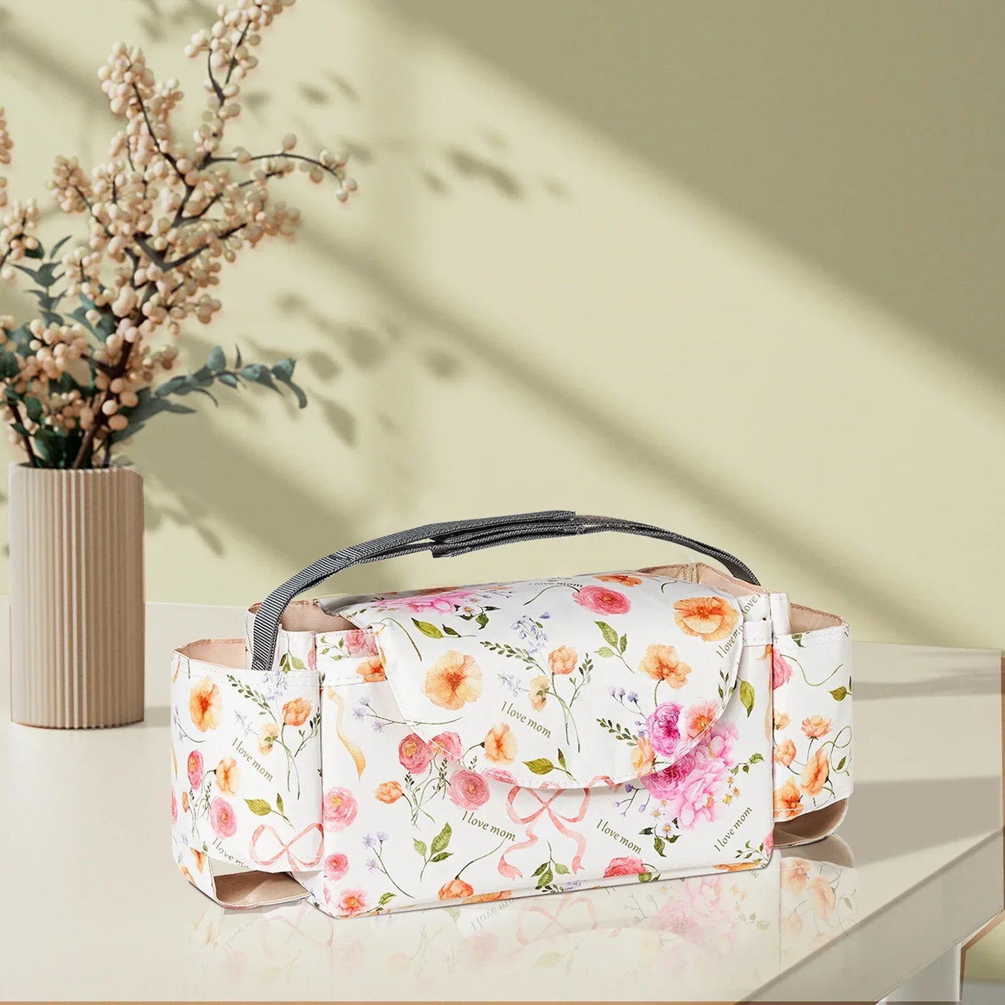 organisateur de poussette sans encombrement motif fleurs roses
