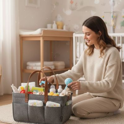 organisateur pour poussette style panier de rangement illustrant maman heureuse