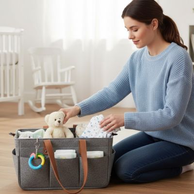 organisateur pour poussette style panier de rangement illustrant maman sereine