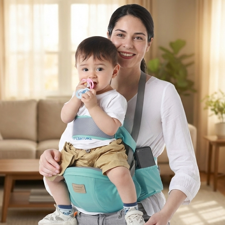 Porte bébé Ainomi™ Confort Ergonomique illustrant bébé porté par maman