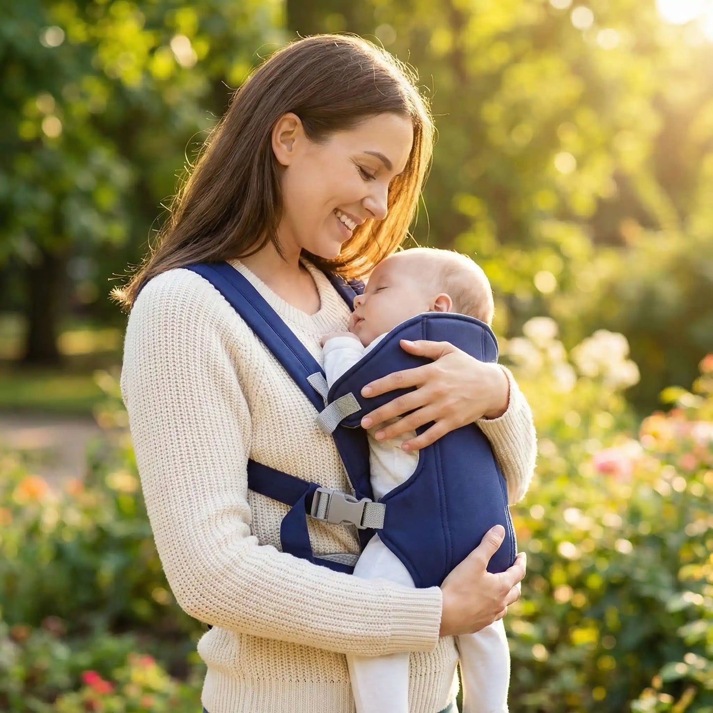 Porte bebe PortiZen™ illustrant bébé dormant contre maman