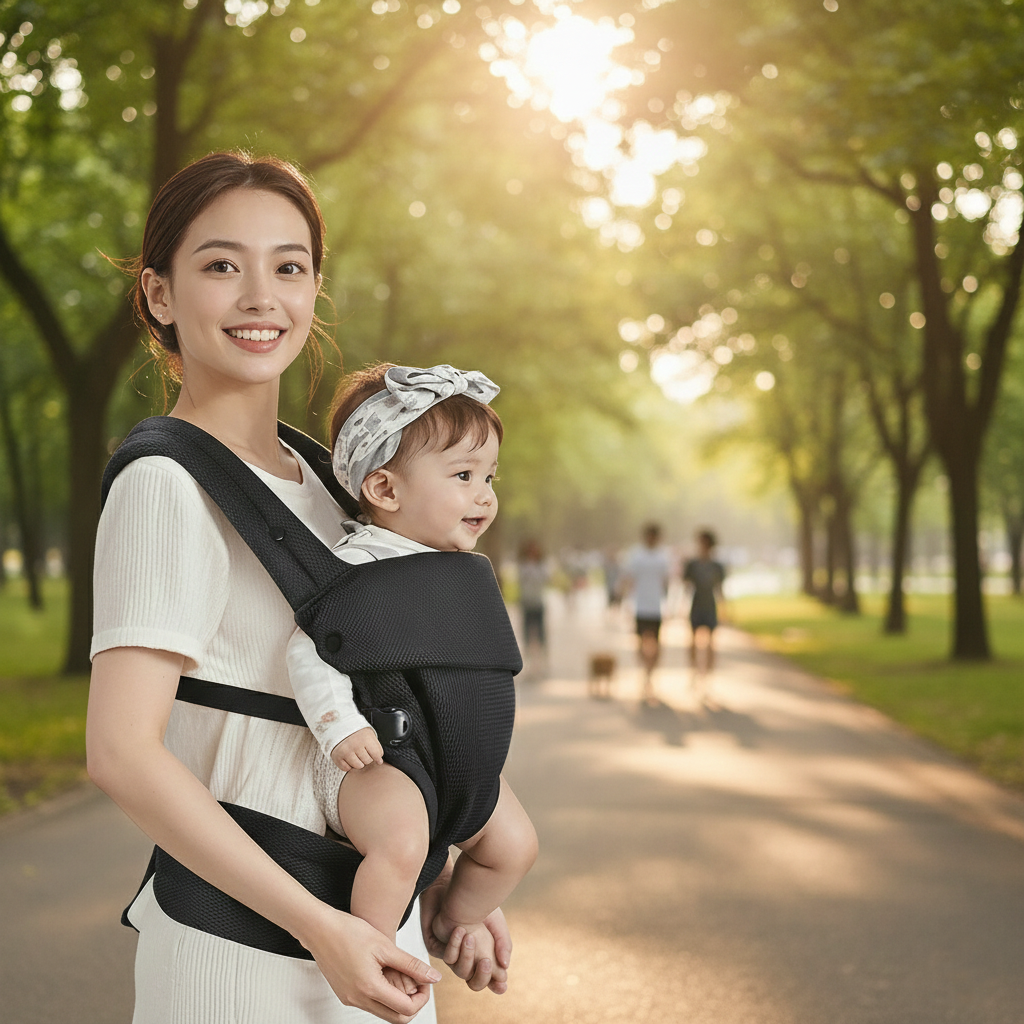 porte bebe respirant ergonomique illustrant maman se promenant avec bébé