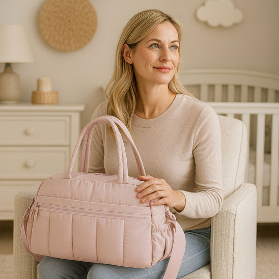 sac a langer bebe polyvalent sur les cuisses de maman