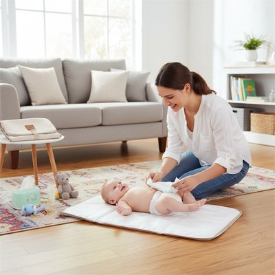 Tapis à langer imperméable nomade illustrant maman qui change bébé
