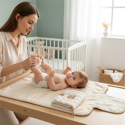 tapis a langer nomade bébé illustrant bébé se faisant changer