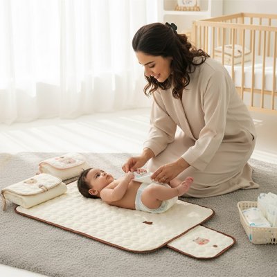 tapis a langer nomade bébé illustrant maman qui change bébé